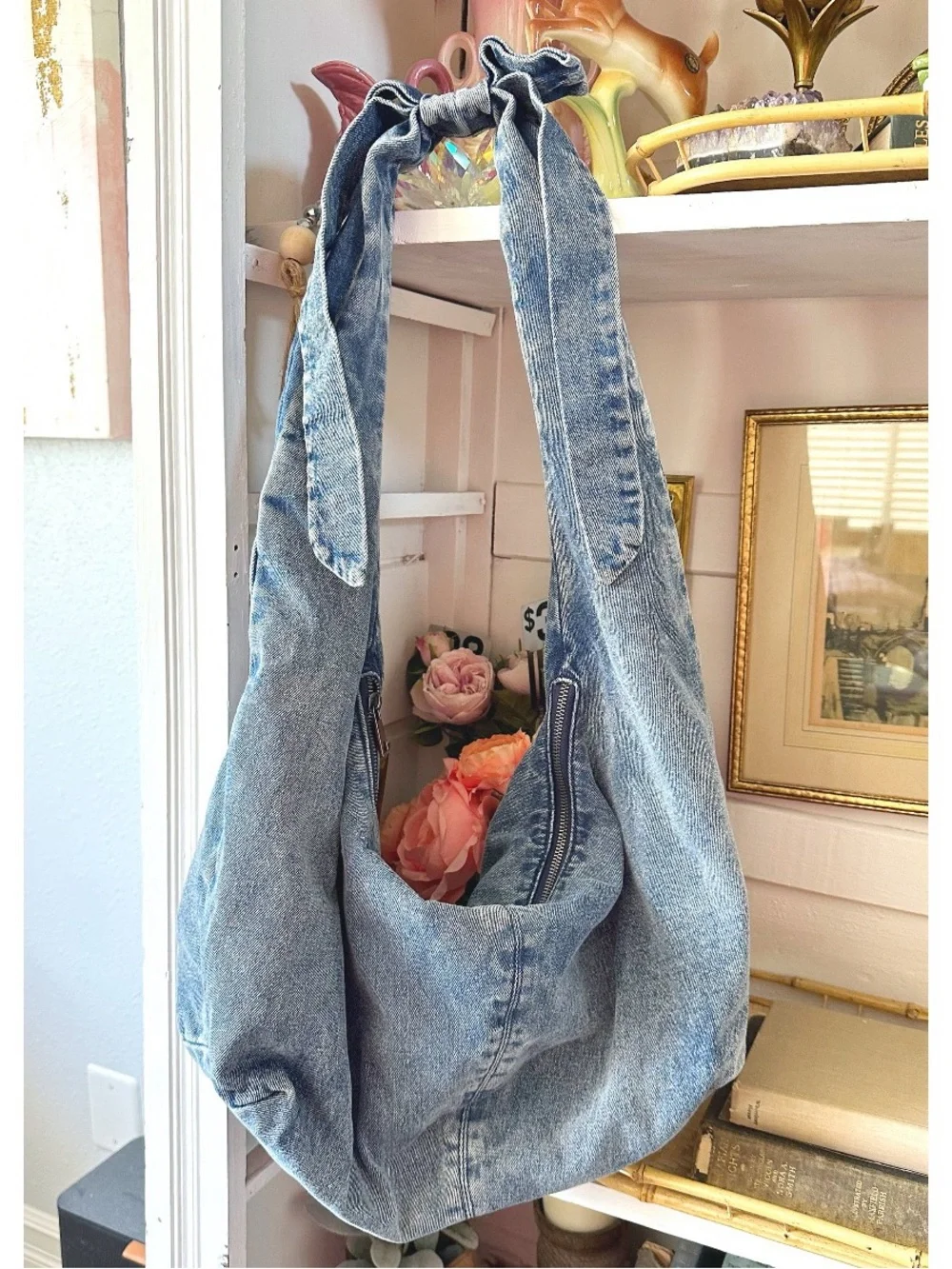 Bow Hobo Bag in blue denim, featuring a slouchy silhouette and a tie bow detail